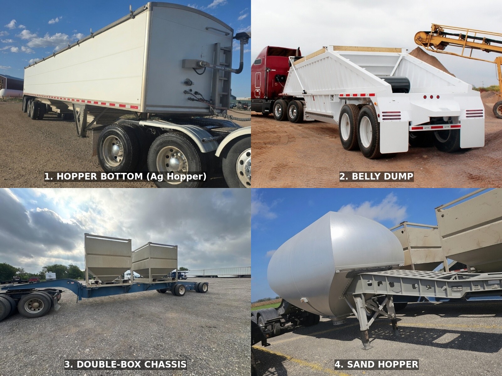 Frac sand delivery trailers — hopper bottoms, belly dumps, double-box chassis for oilfield operators